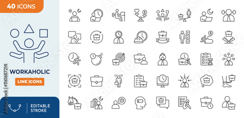 Workaholic line Editable Icons set. Workaholic and workaholism icon set. containing Busy, rushed, burnout, tired, overworked and more.