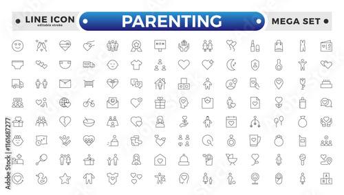 Set of Parenting outline icon related to family, parents, mother, father, son, daughter, children, baby, grandparents, grandfather, grandmother.Loving Family Relationships Editable stroke outline icon