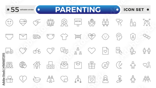Set of Parenting outline icon related to family, parents, mother, father, son, daughter, children, baby, grandparents, grandfather, grandmother.Loving Family Relationships Editable stroke outline icon