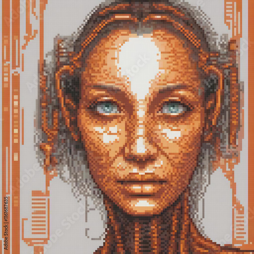 Pixel art of a womans face with striking blue eyes.