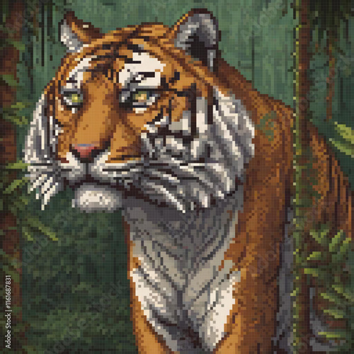 Pixel art cross stitch tiger in forest