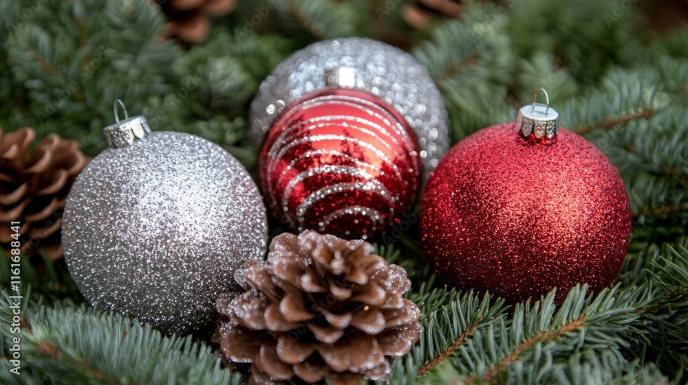 Festive Glitter Ornaments Nestled Amongst Pine Branches Festive Glitter Ornaments Nestled Amongst Pine Branches