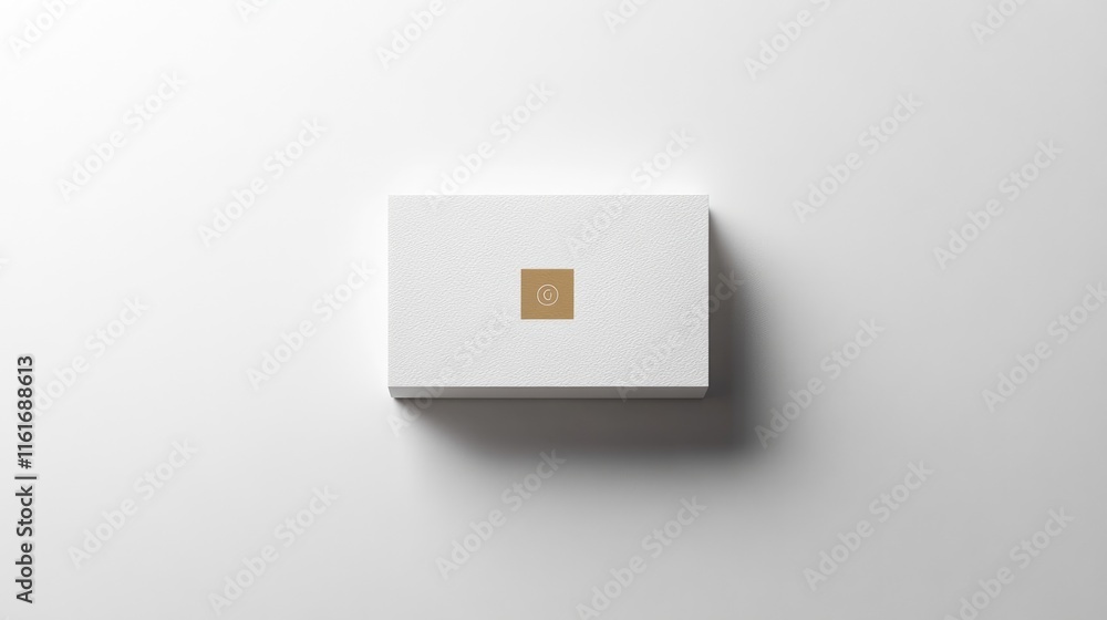 Top view of a simple white rectangular box with a small brown square label on a white background. Top view of a simple white rectangular box with a small brown square label on a white background.