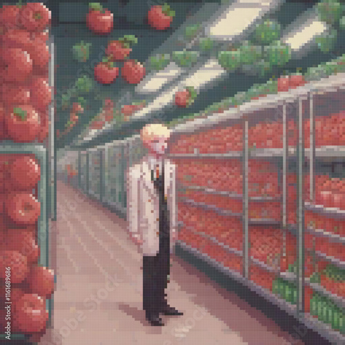 Pixel art depicts a scientist in a lab coat amidst grocery items.