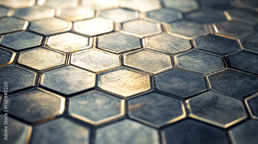 Hexagonal patterned tiles create an elegant modern floor design with reflective surface Hexagonal patterned tiles create an elegant modern floor design with reflective surface