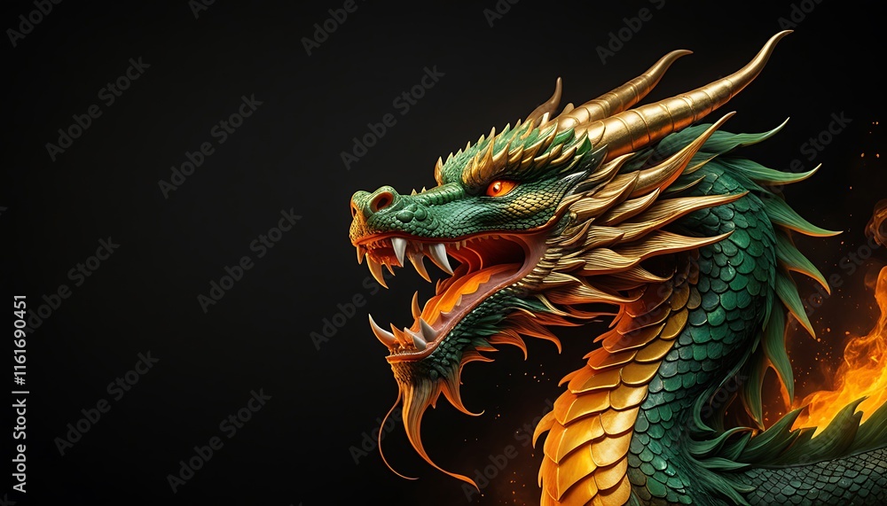 Fierce Chinese Dragon Exhaling Fire Against Dark Background. Generative AI Fierce Chinese Dragon Exhaling Fire Against Dark Background. Generative AI