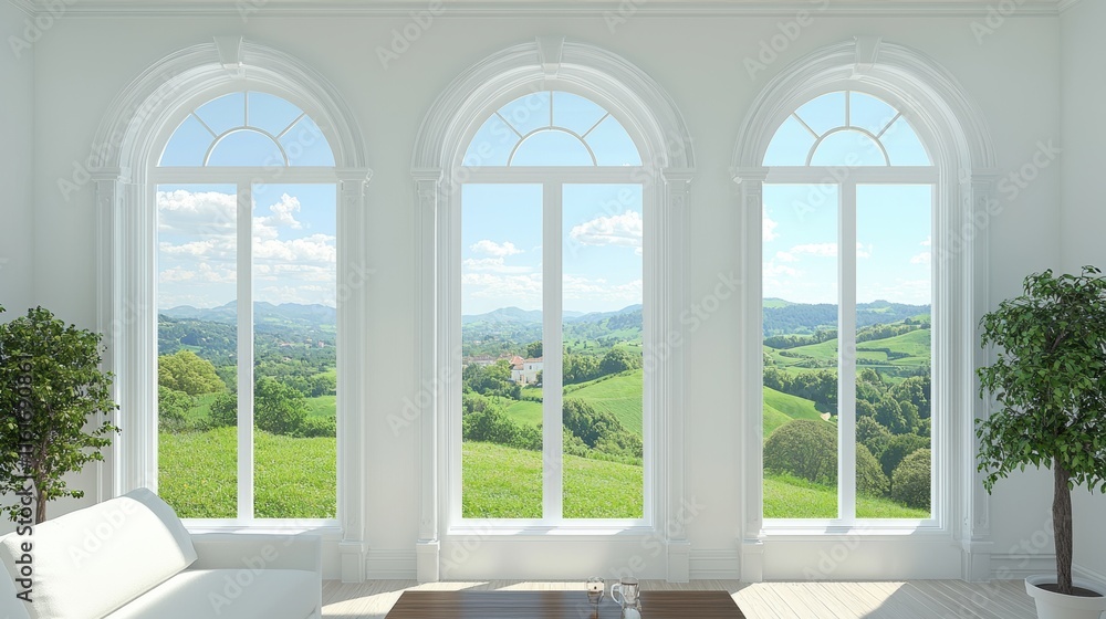 Breathtaking view of lush green hills from elegant windows modern home tranquil setting Breathtaking view of lush green hills from elegant windows modern home tranquil setting