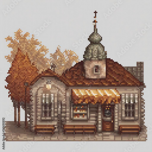 Pixel art depicting a quaint building with a central clock tower.