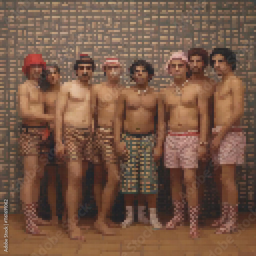 Pixel art of men in underwear, standing together