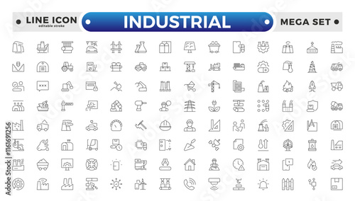 Industrial factories outline icons set. Factory icon illustration. Industry power, chemical manufacturing building warehouse nuclear energy plant. Pack of renovation. Editable stroke outline icon. 