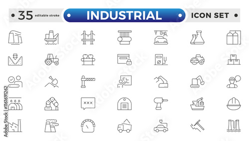 Industrial factories outline icons set. Factory icon illustration. Industry power, chemical manufacturing building warehouse nuclear energy plant. Pack of renovation. Editable stroke outline icon. 