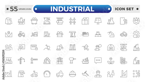 Industrial factories outline icons set. Factory icon illustration. Industry power, chemical manufacturing building warehouse nuclear energy plant. Pack of renovation. Editable stroke outline icon. 