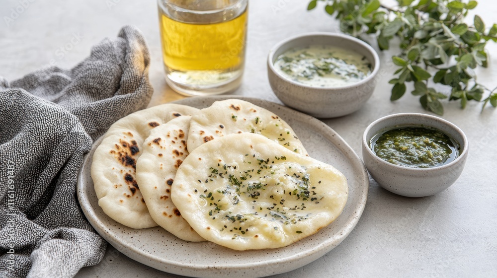 Delicious homemade naan bread with green chutney and yogurt kitchen table food photography Delicious homemade naan bread with green chutney and yogurt kitchen table food photography