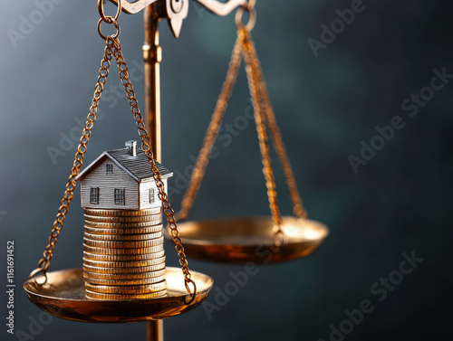 House loan finance. A house model balanced on coins in a scale, symbolizing housing market value. photo