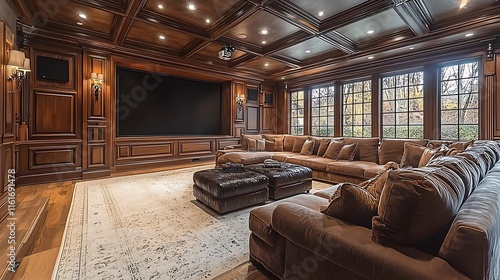 A sophisticated home theater with retractable projectors, hidden surround speakers, and sleek seating, designed for an unparalleled movie-watching experience. photo