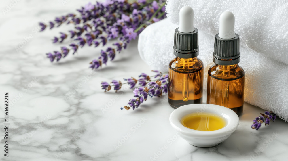 Lavender essential oils in amber bottles with white towel and flowers Lavender essential oils in amber bottles with white towel and flowers
