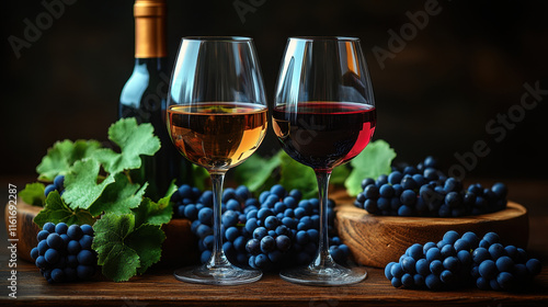 Elegant wine glasses filled with red and white wine, surrounded by fresh grapes and bottle of wine. scene captures rich, inviting atmosphere perfect for wine lovers