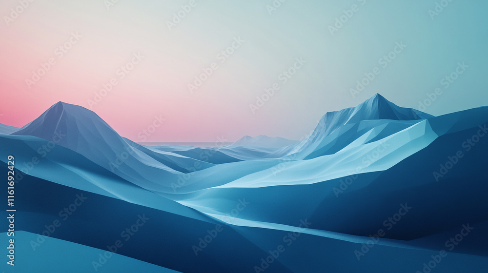 Vibrant geometrical mountain landscape under a serene sky at dawn Vibrant geometrical mountain landscape under a serene sky at dawn