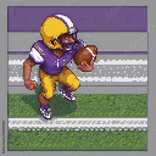 Pixel art depicting a dynamic football player sprinting with the ball