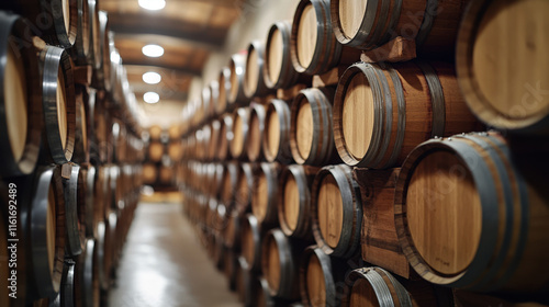 wine cellar filled with wooden barrels, showcasing aging process of wine. warm ambiance and rich textures create welcoming atmosphere for wine enthusiasts photo