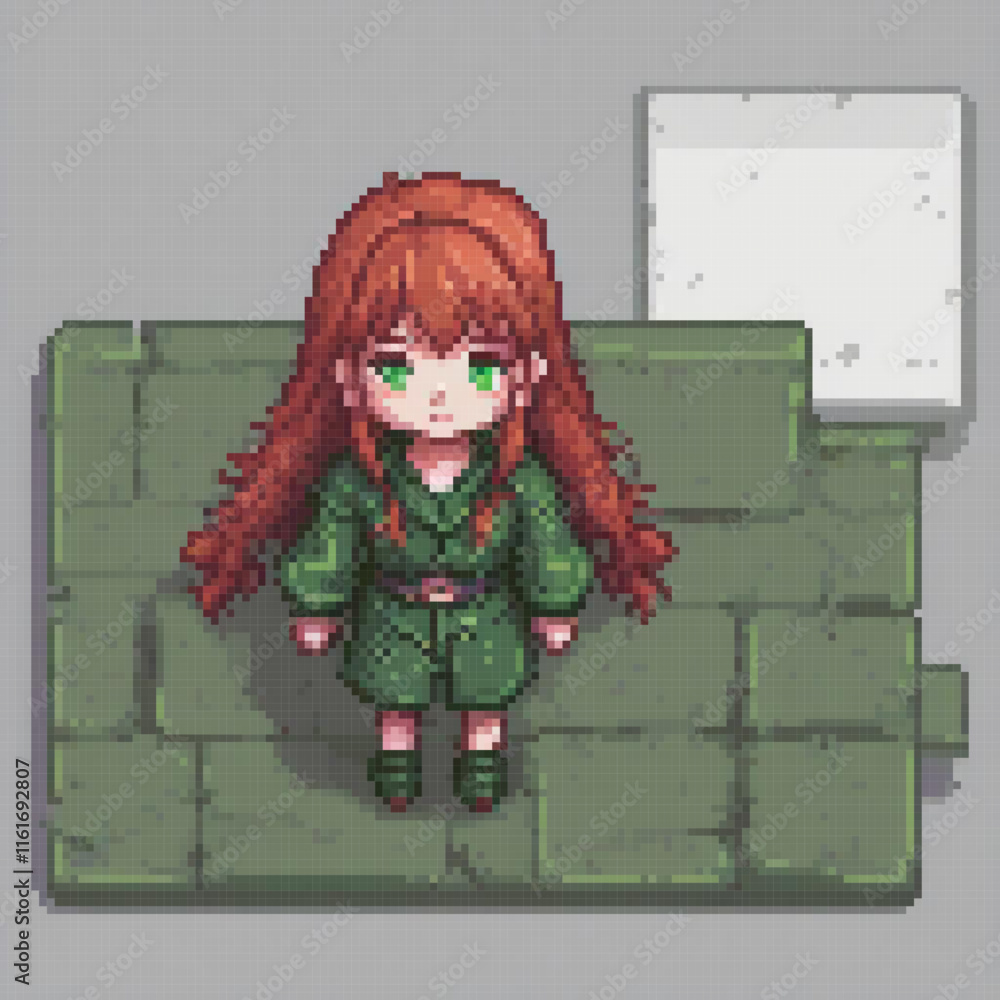 Red-haired girl perched on brick wall in pixel art style Red-haired girl perched on brick wall in pixel art style