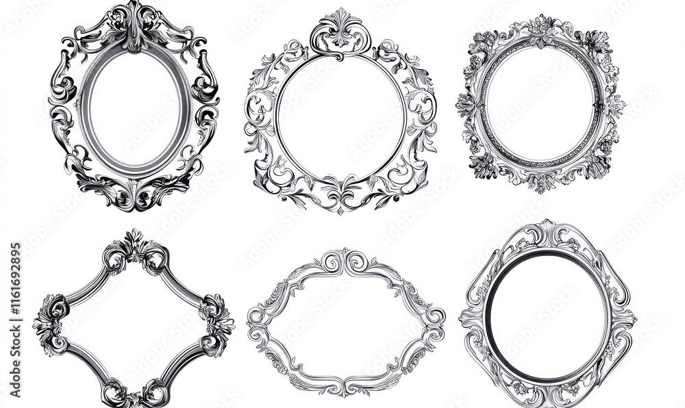 Six ornate silver frames, round, oval, and diamond shapes, isolated on white. Six ornate silver frames, round, oval, and diamond shapes, isolated on white.