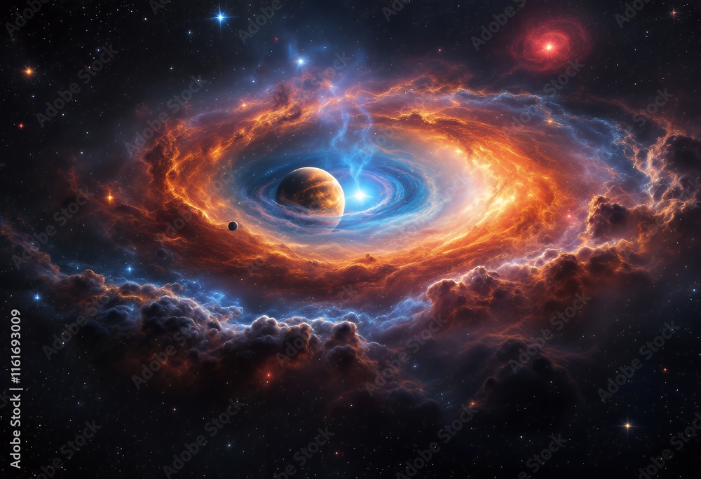 Fototapeta premium Cosmic Planet: Fiery Nebula and Celestial Dance in a Dramatic Space Art