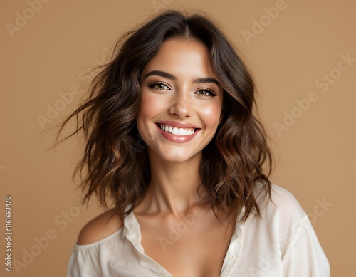 Radiant Woman: Brunette Wavy Hair, Bright Smile, Soft Lighting