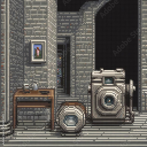 Pixel art video game scene featuring a camera and table setup