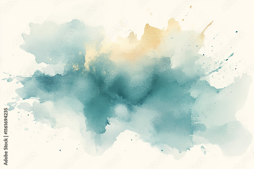 Obraz premium The image is an abstract watercolor painting with splashes of light blue, teal, and gold on a white background