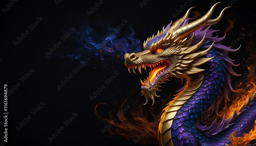 Majestic Purple Dragon Head with Golden Details for Background. Generative AI Majestic Purple Dragon Head with Golden Details for Background. Generative AI