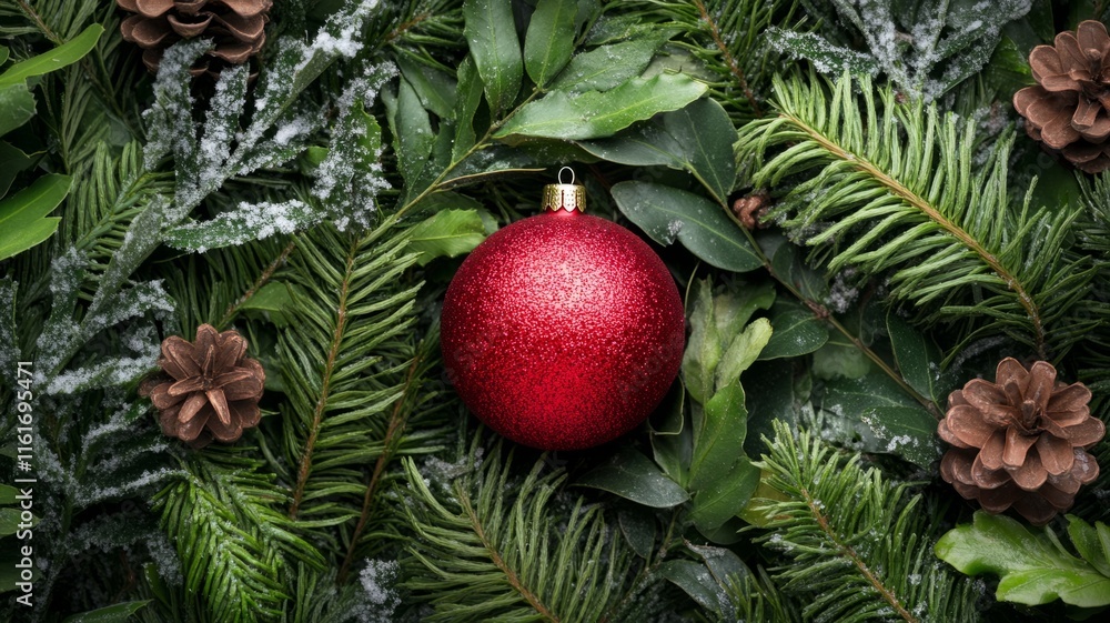 Red Ornament Nestled Among Snowy Evergreen Branches