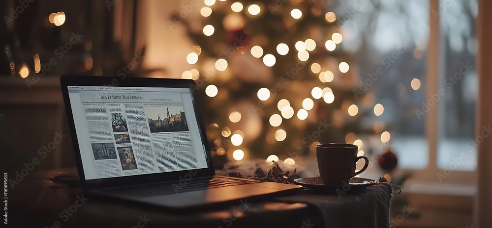 A cozy scene with a laptop displaying news, a cup of coffee, and a Christmas tree. A cozy scene with a laptop displaying news, a cup of coffee, and a Christmas tree.