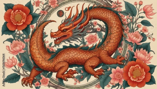 Majestic Chinese Dragon amidst Floral Delights