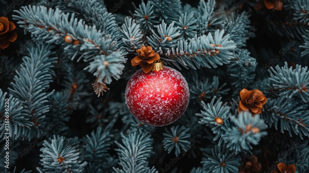Frosty Red Ornament Hangs On A Blue Spruce Tree Frosty Red Ornament Hangs On A Blue Spruce Tree