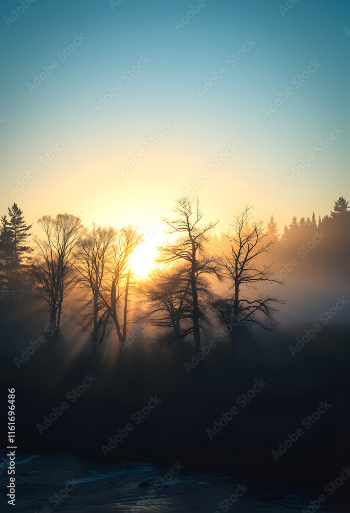 Morning Sunrise with Trees and River Blue Sky and Glowing Mist with Jesus as the Creator, grunge, with white tones Morning Sunrise with Trees and River Blue Sky and Glowing Mist with Jesus as the Creator, grunge, with white tones