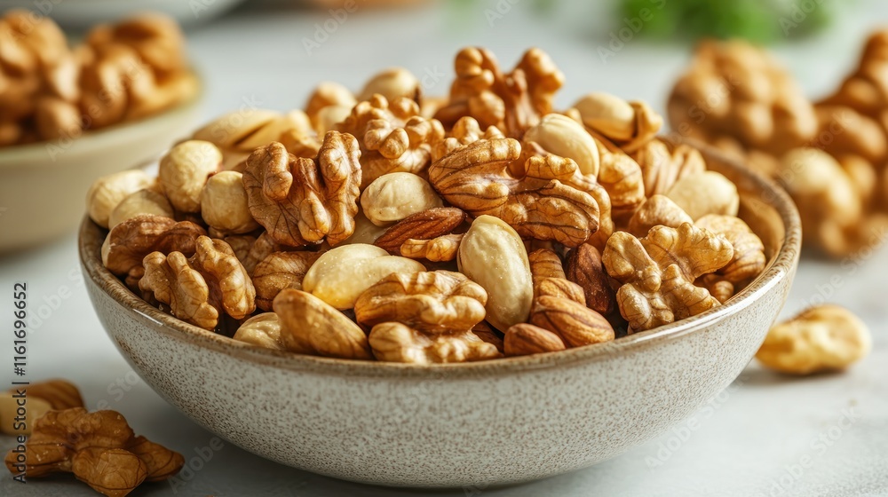 Mixed nuts in a ceramic bowl on a light background Mixed nuts in a ceramic bowl on a light background