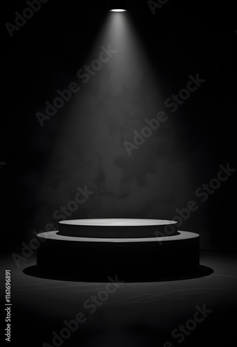 Empty round podiums, spotlight, smoke, dark background, mysterious, product showcase