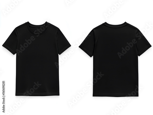 Front and back perspectives of plain black T shirts on a clean white background
