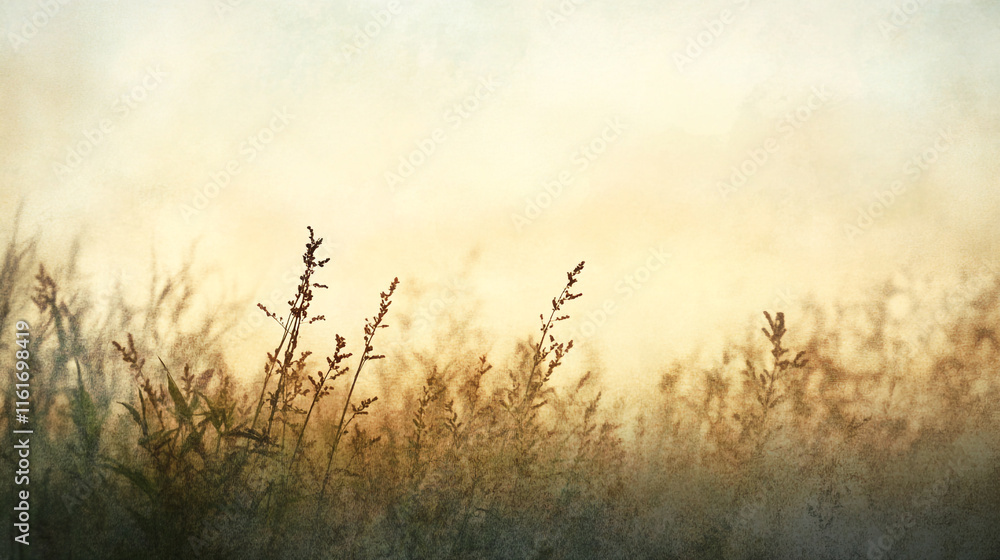 Soft sunlight illuminates tall grass in a serene landscape at dawn Soft sunlight illuminates tall grass in a serene landscape at dawn
