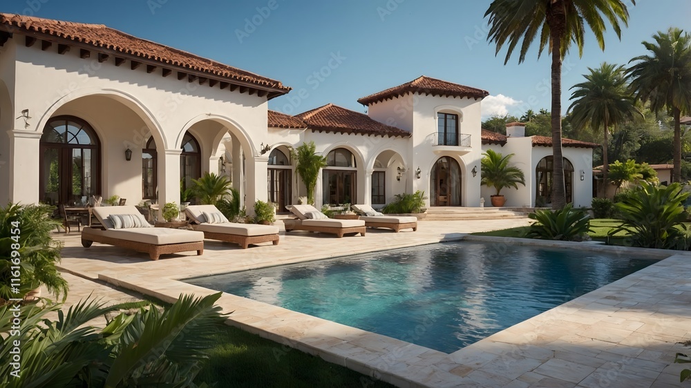 Fototapeta premium Middle Eastern - Mediterranean style luxury house with swimming pool and large garden. Ai Generative.