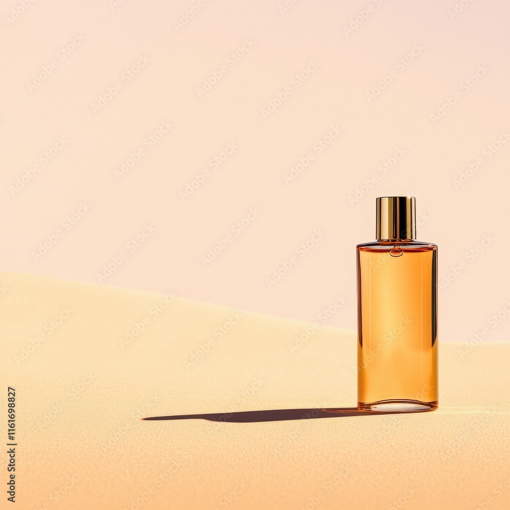 Elegant Perfume Bottle Resting Gracefully on a Warm Sand Dune Under a Bright Blue Sky Evoking a Sense of Luxury and Relaxation in Nature Elegant Perfume Bottle Resting Gracefully on a Warm Sand Dune Under a Bright Blue Sky Evoking a Sense of Luxury and Relaxation in Nature