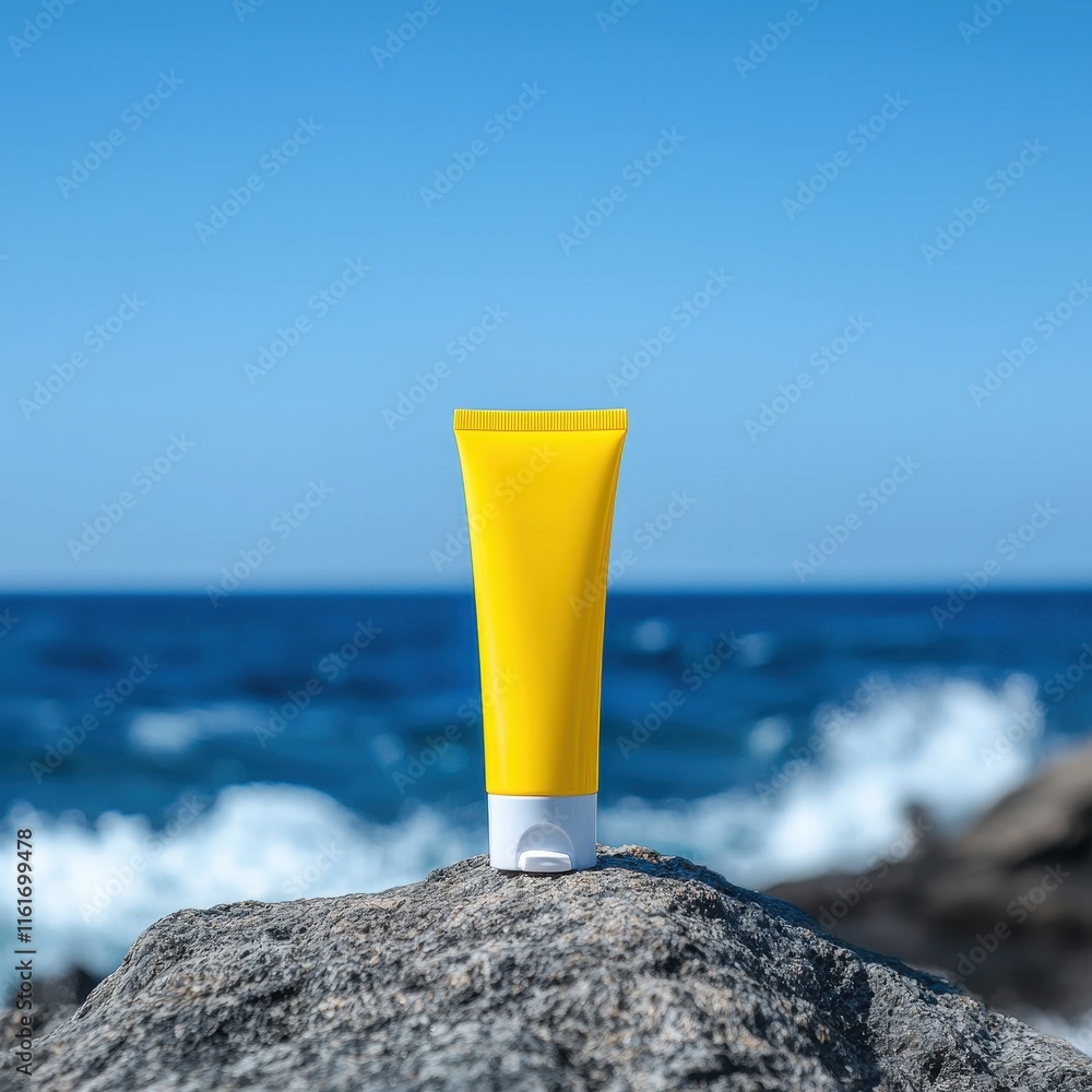 Bright Yellow Tube Resting on a Rocky Shoreline with Waves Crashing in the Background Evoking a Relaxing Summer Beach Vibe and Coastal Adventure