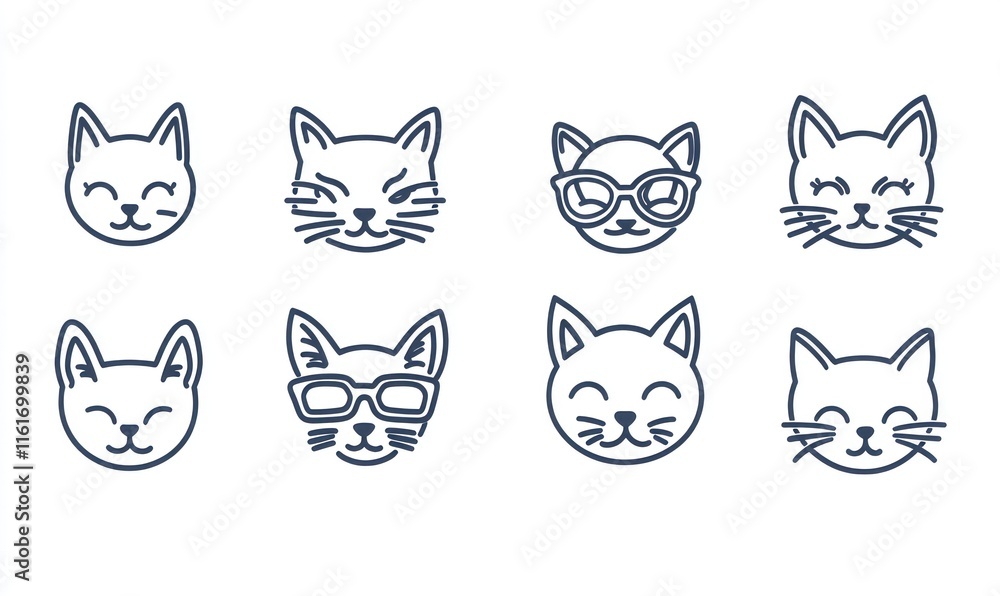 Fototapeta Eight cute cat head icons in minimalist line art style.