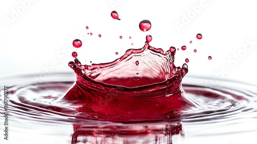 A vibrant splash of red liquid creates dynamic patterns against a white background. photo