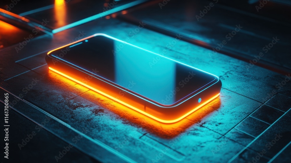 A fully charged smartphone on a futuristic dock, glowing with energy efficiency against a clean, tech-inspired background. A fully charged smartphone on a futuristic dock, glowing with energy efficiency against a clean, tech-inspired background.