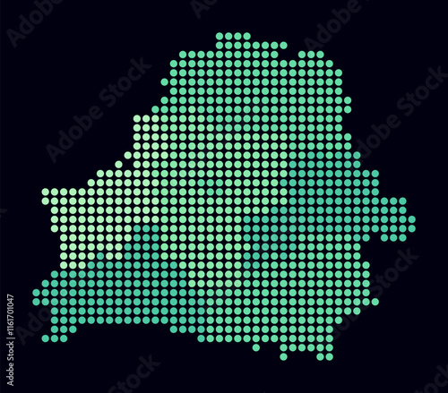 Belarus dotted map. Digital style map of the country on a dark background. Belarus shape with circle dots. Colored dots style. Large size circles. Abstract vector illustration.