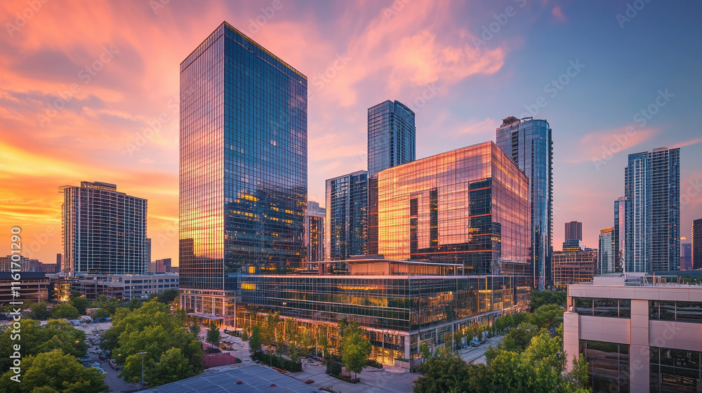 Obraz premium Modern Cityscape at Sunset Featuring Tall Glass Buildings