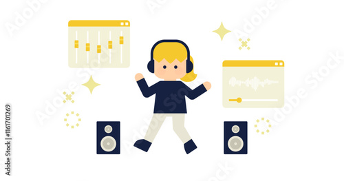 音楽制作を楽しむ女性のフラットデザインイラスト  ( ベクター背景素材 アイキャッチ 白背景 1:1.191 )	
