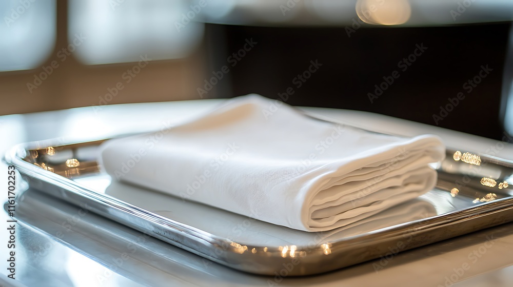A folded white napkin resting on a minimalist silver tray. A folded white napkin resting on a minimalist silver tray.